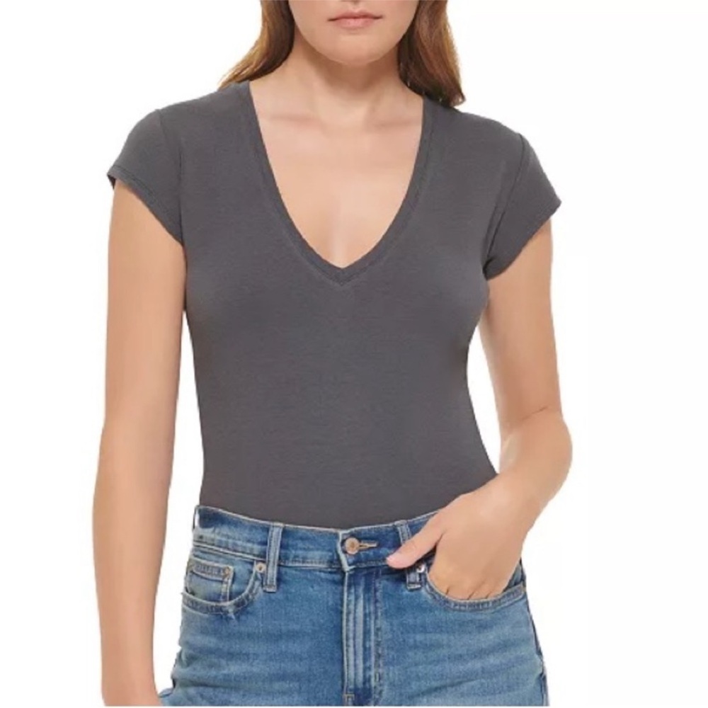 Calvin Klein Jeans Cap Sleeve V-Neck Bodysuit Size Small NWT Heather Gray